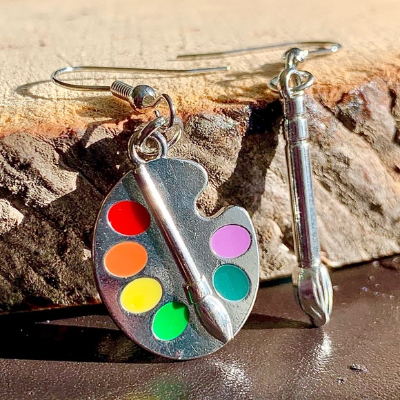Jewelry - 🎨🖌️ Creative Artist Painter Painting Color Palette Brush Asymmetrical Earrings